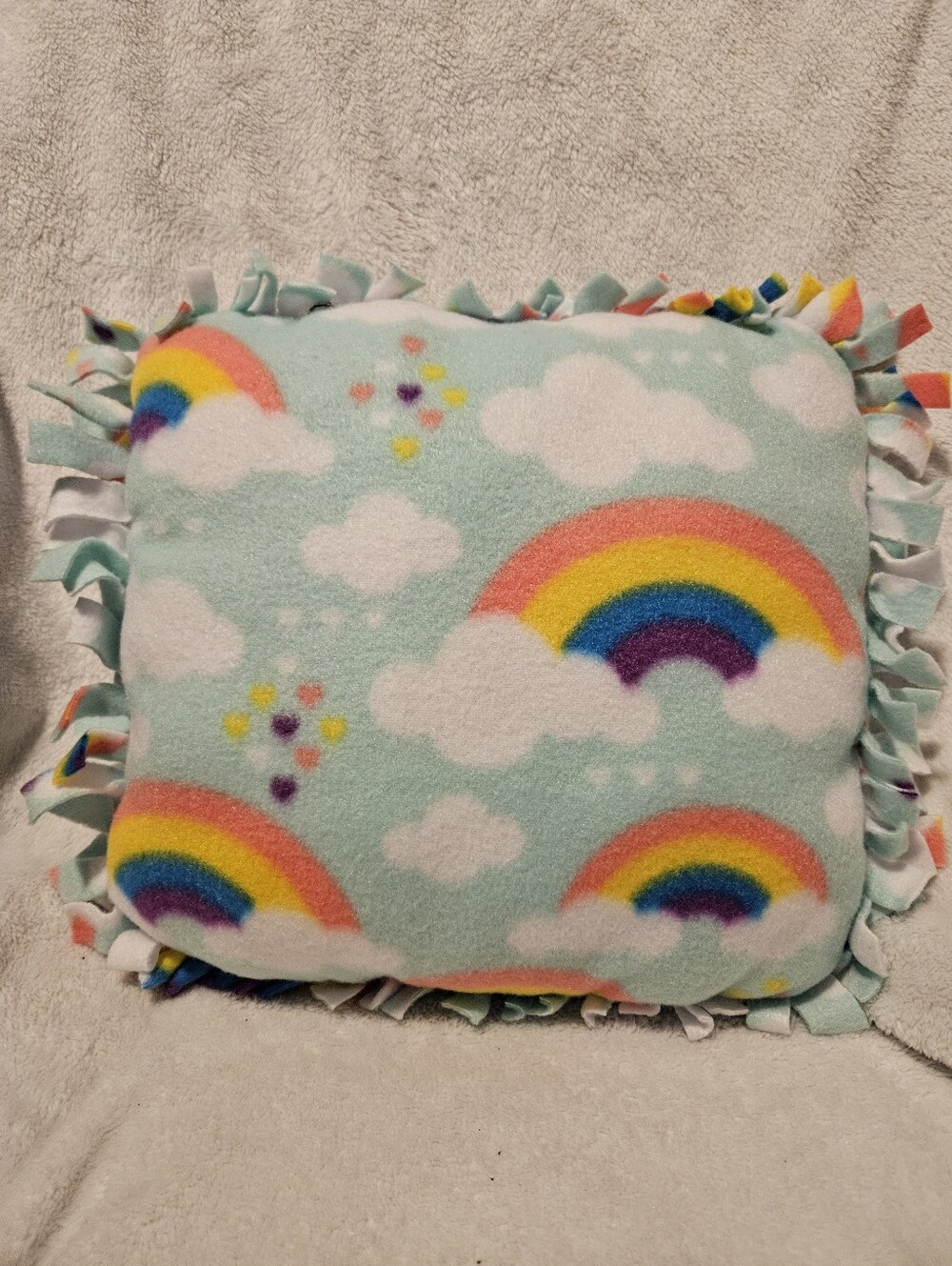 Handmade no sew rainbow, clouds & hearts fleece accent pillow.  Machine washable
